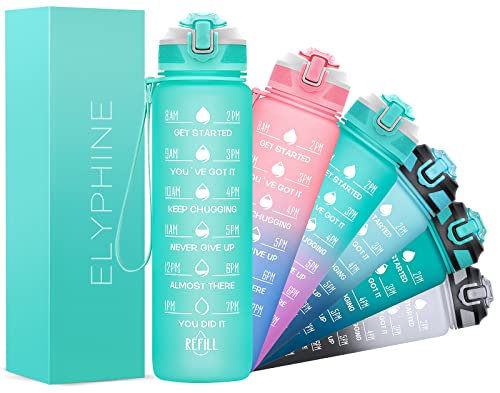 ELYPHINE 32/24 oz Water Bottles with Removable Straw & Time Marker, Motivational Sports Bottles with BPA Free Tritan Material, Leakproof Water Jug for Fitness