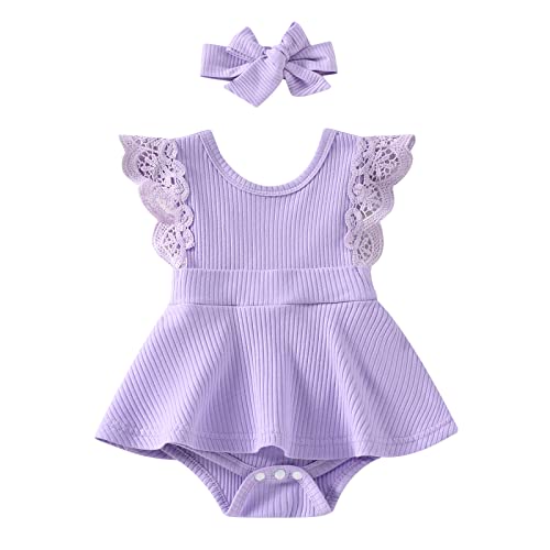 Image of Fladdswed Newborn Infant Baby Girl Sleeveless Bodysuit Knit Ribbed Romper Lace Ruffle Skirt One Piece Jumpsuit Dress Set (Purple, 0-3 Months)