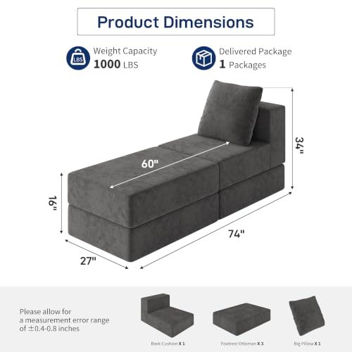 Image of Living&Giving Cloud Sectional Couch for Living Room, Modular Boneless Couch with 1 Ottoman, Middle-seat Can Be Combined with Modular Sofa, Customizable Layout for Any Space, Dark Grey