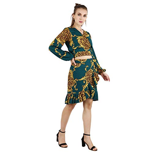 Image of POPWINGS Casual Dark Green Golden Animal Print Crop Top and Skirt Set for Women |Stylish Western Co-Ords Set | Summer Wear Co-ords for Women | V-Neck Crop Top Flare Knee-Length Skirt Set