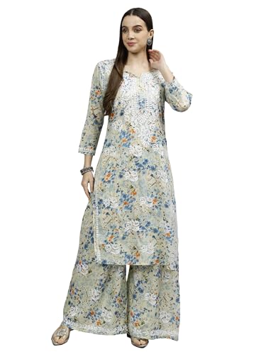 Image of Seva Chikan Hand Embroidered Lucknowi Chikankari Mal Mal Straight Printed Kurta & Palazzo Set for Women SCL8041
