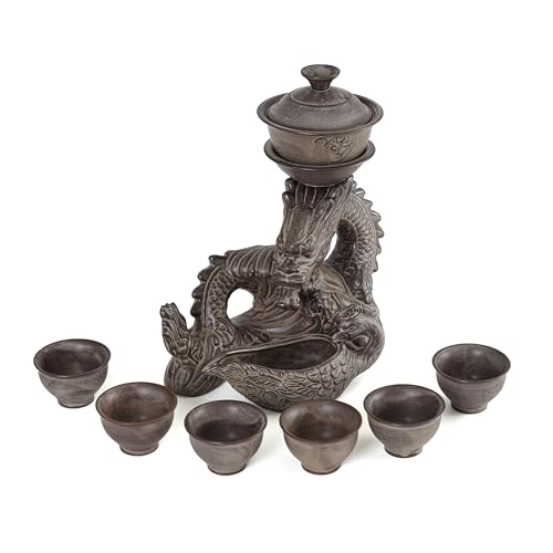fanquare Juego de Té Semiautomático Taza de Té Tetera China Loong Kungfu Servicio de Té de Porcelana Gris para Hombres Adultos