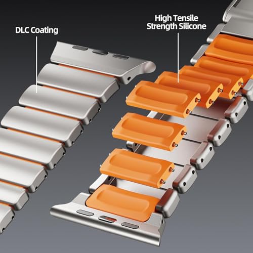 Image of Morofy Titanium Silicone Dual-Layer Link Bands Compatible with Apple Watch Band Ultra 3 /2 /1 49mm 46mm 45mm 44mm Men Women Magnetic Clasp Metal Strap for iwatch Series 11 10 9 8 7 6 5 4 SE (Silver|Orange)