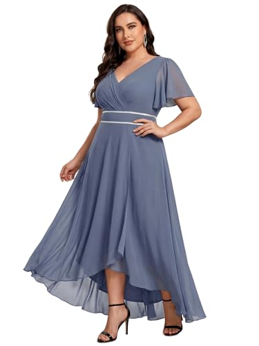 Image of Ever-Pretty Plus Women's Chiffon V-Neck Beading Ruffles Sleeves Maxi High Low Plus Size Formal Dresses