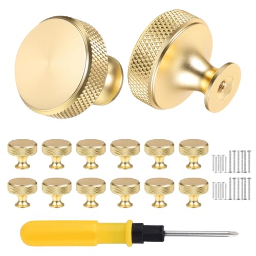 VEGCOO 12 Pack Gold Drawer Knobs Single Hole Gold Cabinet Knobs with Screws Round Knurled Metal Wardrobe Knobs Knobs for Drawers Cupboard Dresser