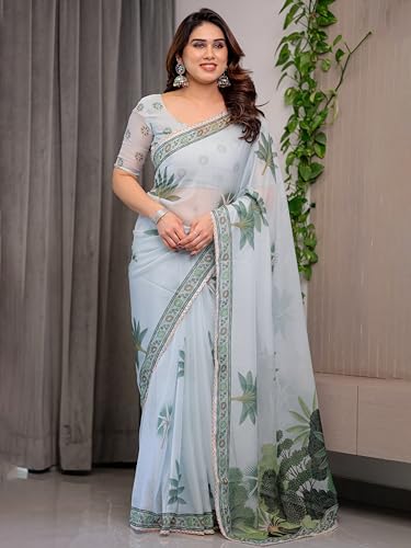 Image of ALMAARI FASHIONWomen's Floral Printed Organza Saree with Unstitched Blouse Piece | Traditional Ethnic Wear Sarees | Soft Lightweight Ethnic Office Wear Daily Wear Indian Sari (ORGANZA 121-130 H)