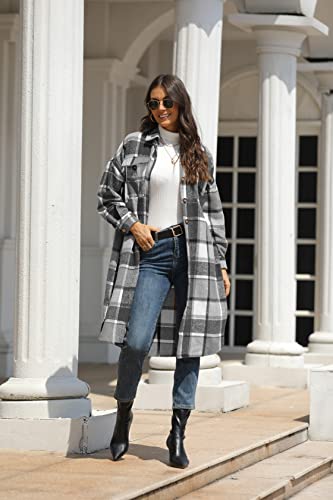 Omoone Women's Button Up Woolen Long Plaid Trench Coat Brushed Check Shirt Jacket(1765-Grey-Xs) #TOP4