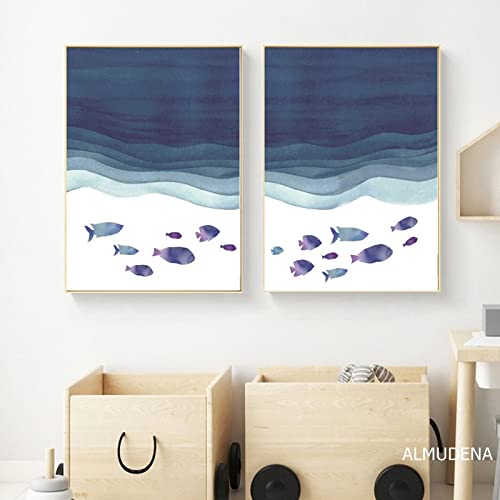 Cartoon Blue Ocean Fish Group Canvas Schilderij Eenvoudige Kunst Muur Zeegezicht Prints en Posters voor Kinderkamer… - Image 3