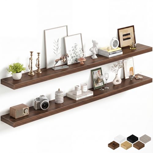 Image of Fun Memories 72Inch Long Floating Shelves, 8 Inch Deep Shelves for Bedroom|Living Room, Wall Mounted Wood Hanging Shelf with Invisible Brackets for Fireplace Mantel Home Storage Decor, Walnut - 2 Pack