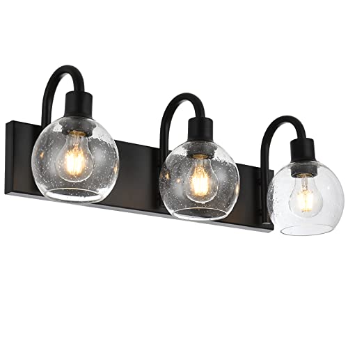Image of 3-Lights Vanity Lights Globe Glass Rustic Bathroom Light Fixtures for Over Mirror Kitchen with Seeded Lampshades