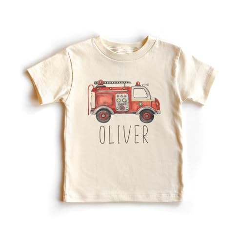 Custom Red Fire Truck Shirt - Retro Fireman Pretend Play - Personalized Fire Engine Birthday T-Shirt - Natural Toddler Youth Tee