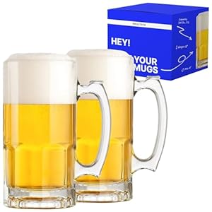 Glass Beer Mugs with Handle – 34 fl. oz. / 1L – Large & Heavy Beer Stein for Root Beer – Best Gift for Men Father Boyfriend Brother Dad – Set of 2