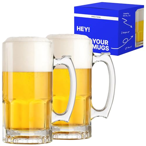 Glass Beer Mugs with Handle – 34 fl. oz. / 1L – Large & Heavy Beer Stein for Root Beer – Best Gift for Men Father Boyfriend Brother Dad – Set of 2