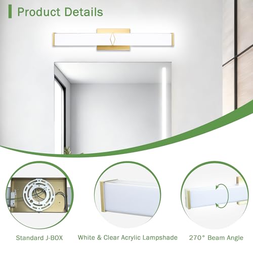 Image of 24 Inch Bathroom Vanity Light 2500LM, 5700K Daylight White Modern Bathroom Light Dimmable, AC 120V 25W Gold LED Vanity Lighting Fixtures Wall Sconce ETL Certified, 2Pack