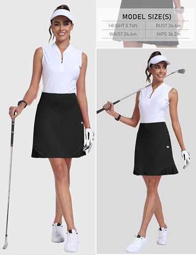 MoFiz Tennisrock Damen Activewear Rock Knielanger mit Innenhose Athletic High Waist Tennis Skort Golf Rock mit Tunnelzug Schwarz L