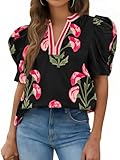Cicy Bell Womens Puff Sleeve Floral Tops Summer Casual Dressy Blouses V Neck Print Boutique Shirts Black