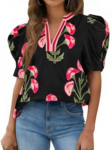 Cicy Bell Womens Summer Puff Sleeve Blouses Casual Dressy V