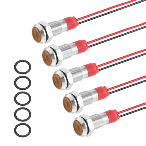 Image of PATIKIL 5Pcs 6mm(1/4") Indicator Light,12V-24V AC/DC 20mA LED Metal Signal Lamp Waterproof IP67 Flat Head Signal Lights with 150mm(5.9") Cable for Boat Car,Yellow