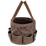 Waxed Canvas Garden Organizer Bag - Waterproof Bucket Tool Bag Portable with Side Pockets, Portable Gardening Tote for Lawn/Yard | Grey
