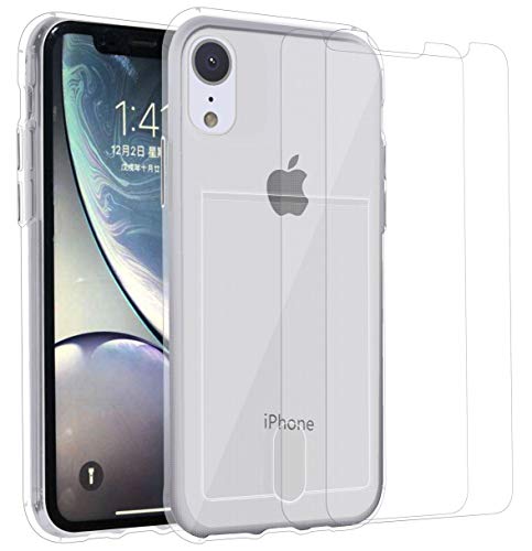 ARASO Compatible with iPhone XR Case with Card Holder, 2 Packs Free Screen Protector Shock Absorption Wireless Charger Compatible Clear iPhone XR Cases 6.1 inch (XR)