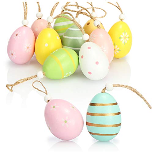 com-four® 12 ovos de Páscoa para pendurar - decorações de madeira da Páscoa em cores fantásticas e belos desenhos