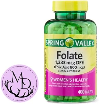 Generic Spring Valley Folate 1,333 mcg DFE, Folic Acid 800 mcg, 400 Tablets - Dietary Supplement, Women's Health Boost, Metabolism & Heart Support - Bundle with+ Sticker Dri Store