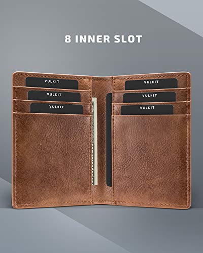 Image of VULKIT Bifold Front Pocket Slim Wallet RFID Blocking Minimalist Thin Leather Credit Card Holder Wallet for Men and Women Brown