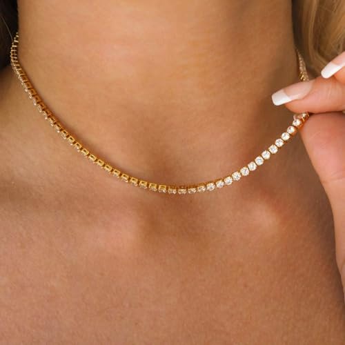 Dainty Tennis Necklaces for Women 14K Gold Plated Thin CZ Tennis Necklace Faux Diamond Tennis Chain Adjustable Tennis Choker Necklace for Women Necklace for Prom4