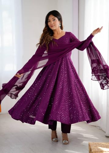 Image of Women's Heavy Faux Georgette Embroidery Work Anarkali and Set Beautiful Dupatta Traditional for Women Any Occasion Lehenga choli