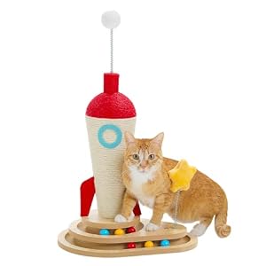 PETEPELA Giocattolo interattivo per gatti con tronco tiragraffi a forma di razzo, colonna tiragraffi e pista a sfera, volano in legno massiccio, multifunzionale, favorisce la cura degli artigli e la