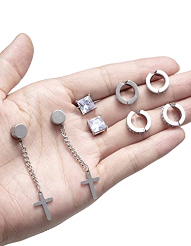 Ofeiyaa 12 Pairs Magnetic Stud Earrings Stainless Steel Non Pierced Earrings Punk Cz Hoop Cross Feather Dangle Hinged Earrings Clip On Magnet Earring Set For Men Women Gold Silver Black #TOP4