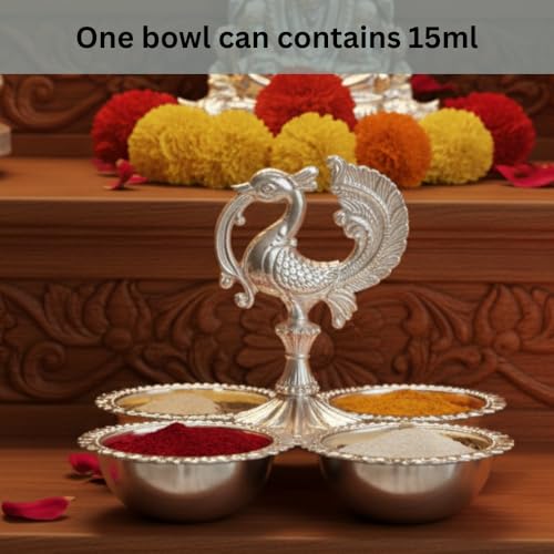 Image of Brass Kankavati Haldi Kumkum Container | Traditional Pooja Sindoor, Chawal Holder | Peacock Design 4 Bowl Pooja Accessory for Festivals, Gifting & Home Mandir (German Silver, Small)