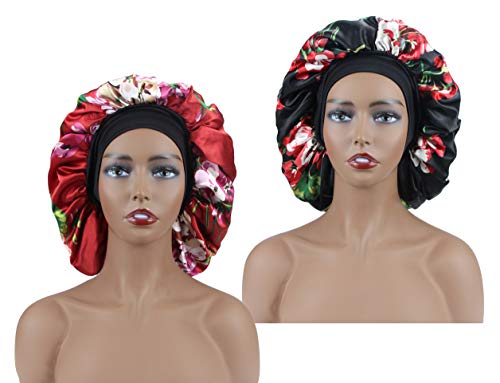2 Piece Women Large Satin Bonnet Sleep cap Hair Bonnet Satin Cap Wide Elastic Band for Curly,Braids, Dreadlocks, Long Hair (ADULT, Flower Black&Red2)
