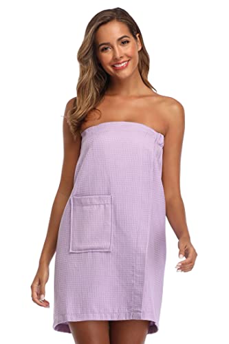 Image of Women's Bath Towel Wrap Waffle Spa Body Wrap with Adjustable Closure Quick Dry Lightweight Towel Robes with Pocket, Light Purple L /XL