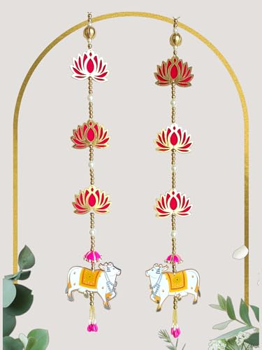 Image of Handcrafted Decorative Wall Decor for Ganpati Diwali Navratri and Pooja Setup Ethentic Hanging for Home Decor Festival Decoration for Home Entrance and Mandir Temple Decor (2 Hanging) (Lotus Cow)