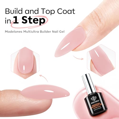 Image of modelones Builder Nail Gel, Soft Pink Builder for Nails No Top Coat Needed, Glossy Jelly Finish Blush Pink, No-Wipe, C-Curve Sculpting, 9-in-One LED Lamp Cured Color Gel Polish for Quick Diy Salon