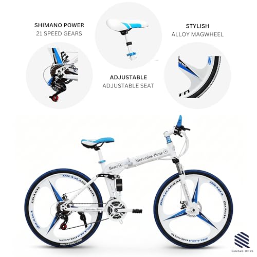 Image of QUESEC Merceds Benz Folding Gear Cycle for Adults 26 Inch 21 Speed Mountain Bike with Dual Suspension, Dual Disc Brake, Alloy Wheels, Foldable Bicycle for Boys Girls Daily Commute Fitness Ride White