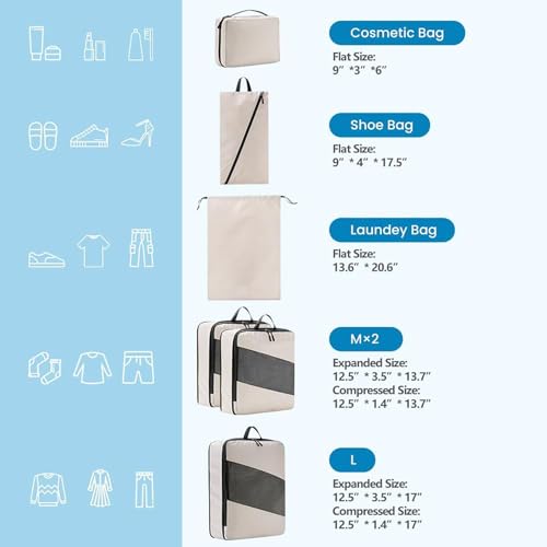 Image of House of Quirk Polyester Compression Packing Cubes for Travel, 6 Set Organizer Compressible Essentials (Beige)