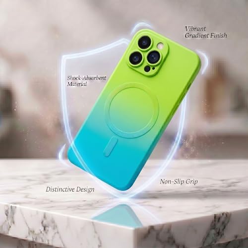 Image of amazon basics Gradient Mag-Safe Case for iPhone 13 Pro Max | Soft Silicone Shockproof Cover with Camera Protection | Slim Lightweight Design | Smooth Touch & Durable - Green & Blue