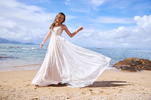Image of Spaghetti Chiffon Beach Wedding Dress V Neck A line Bridal Gowns Lace Plus Size Wedding Dress