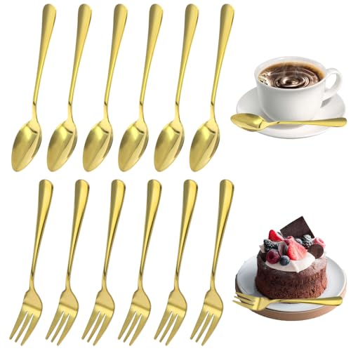 GOIYZTTR Lot de 24 Petites Cuillères et Fourchettes à Gâteau en Acier Inoxydable Doré, 12 Cuillères à Soupe et 12 Fourchettes, Lavable au Lave-vaisselle