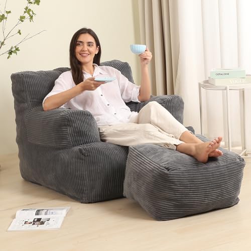 MOMCAYWEX Comfy Gaint Bean Bag Chair with Ottoman, Huge Bean Bag Armchair for Adults and Teens, Dark Grey