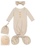 Baby Noah Newborn Knotted Gown, Ultra-Soft Silky Long Sleeve Sleeper, Unisex Coming Home Outfit Set With Wooden Name Sign (US, Age, 0 Months, Cream)