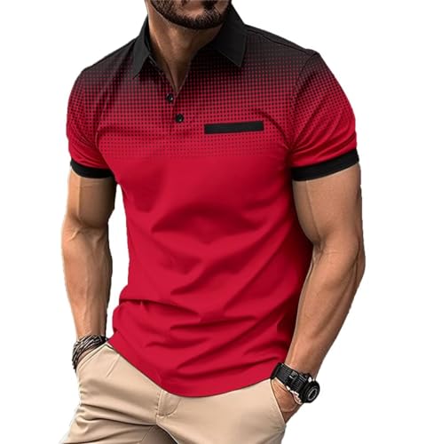 ROOMLINE M Wine Red Gradient Dots Men's Polo Shirts 2025 Short Sleeve Casual Polo T Shirt Color Block Slim Fit Golf Shirts