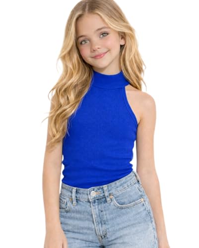 Image of Girl's Cotton Blend Casual Top with Halter Neck Sleeveless Striped Pattern Modern Style Relaxed Fit and Waist Length