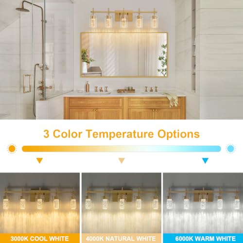 Image of 5-Light Gold Vanity Light with 3 Color Modes (3000K /4000K /6000K), Eye Protection LED Bathroom Light Fixture, Dimmable Modern Wall Light Over Mirror with Clear Glass Shade