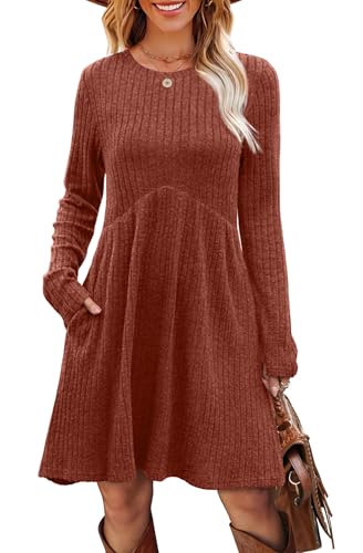 OFEEFAN Long Sleeve Dress for Women Crew Neck Empire Waist Tunic Dress with Pockets - Image 4