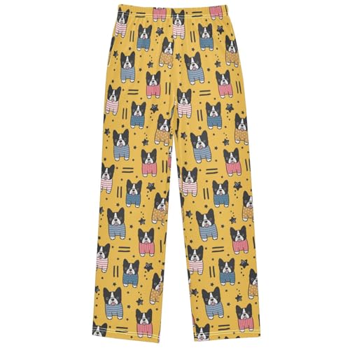 Boy's Pj Pants Cartoon Bulldog Yellow Lounge Bottoms Elastic Kids Sweatpants Joggers with Pockets Size 6-14