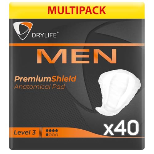 Drylife Men Level 3 Premium Shield Incontinence Pads for Bladder Weakness | Ultra Protection Discreet Male Design & Active Odour Control for Men (4 Packs of 10)