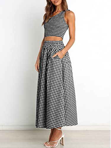 Anrabess Women's 2 Piece Outfit Plaid One Shoulder Smocked Crop Top And Long Skirt Set With Pockets 543Heibaige-M #TOP2